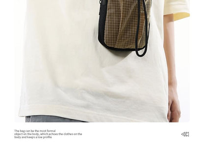 Mobile Phone Drawstring Crossbody Plaid Nylon Bag