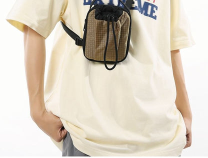 Mobile Phone Drawstring Crossbody Plaid Nylon Bag