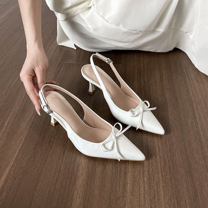 Heel Slingback Plain Sandals Pointy Bow High