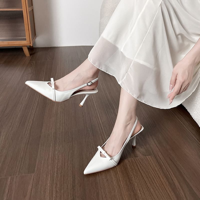 Bow Sandals Pointy Plain Slingback Heel High