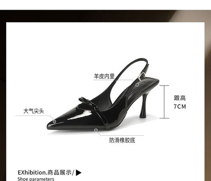 Bow Sandals Pointy Plain Slingback Heel High