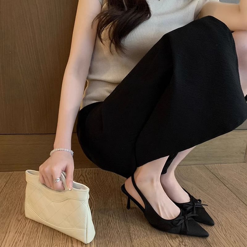 Pointy Slingback Heel Sandals High Plain Bow