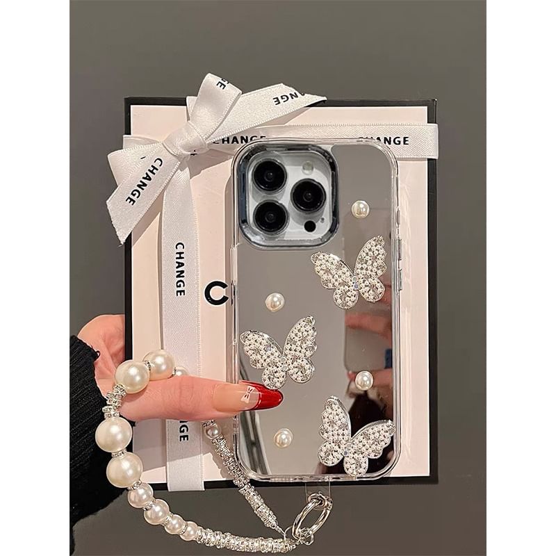 Faux Strap Pearl Butterfly Case / Set Mirrored Phone