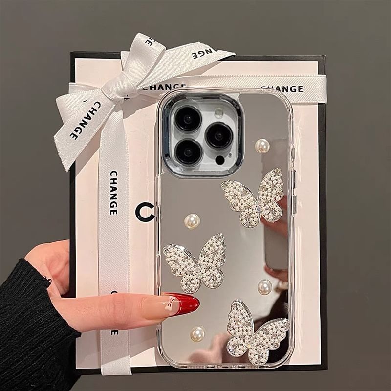 Faux Strap Pearl Butterfly Case / Set Mirrored Phone