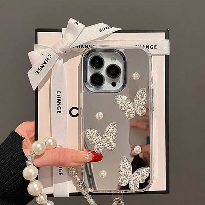 Faux Strap Pearl Butterfly Case / Set Mirrored Phone