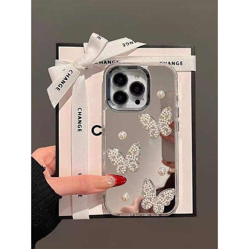 Faux Strap Pearl Butterfly Case / Set Mirrored Phone