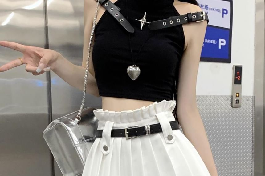 Skirt A-Line Pleated Mini Rise Belted Plain High