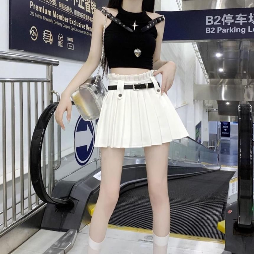 Skirt A-Line Pleated Mini Rise Belted Plain High