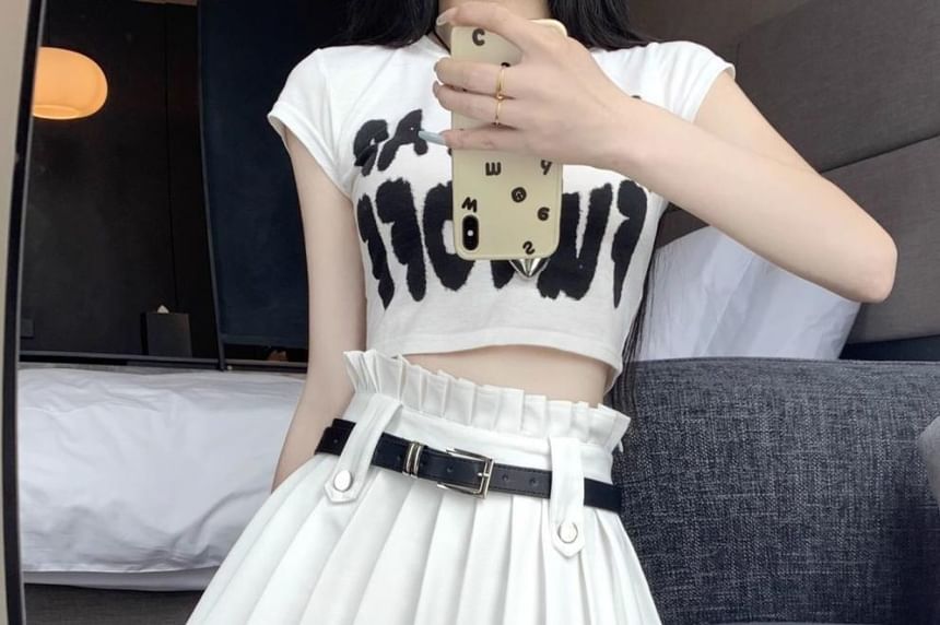 Skirt A-Line Pleated Mini Rise Belted Plain High
