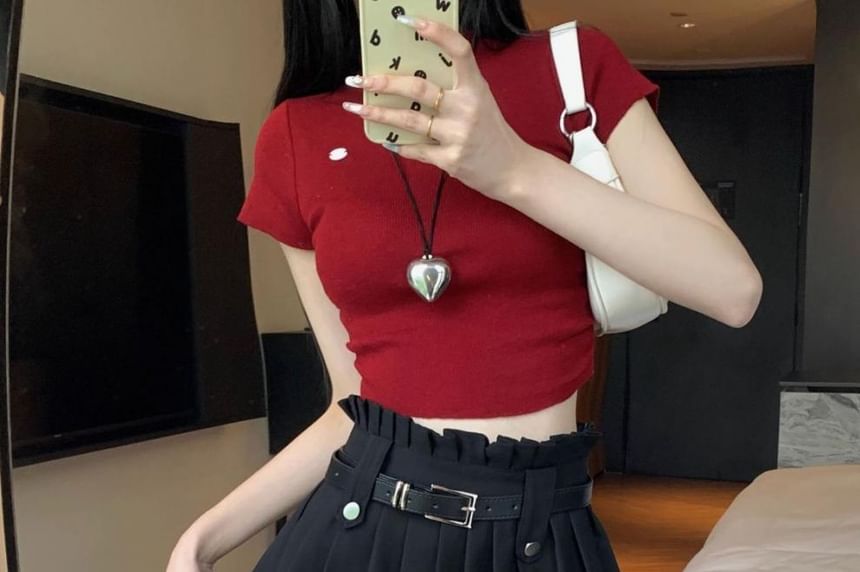 Skirt A-Line Pleated Mini Rise Belted Plain High
