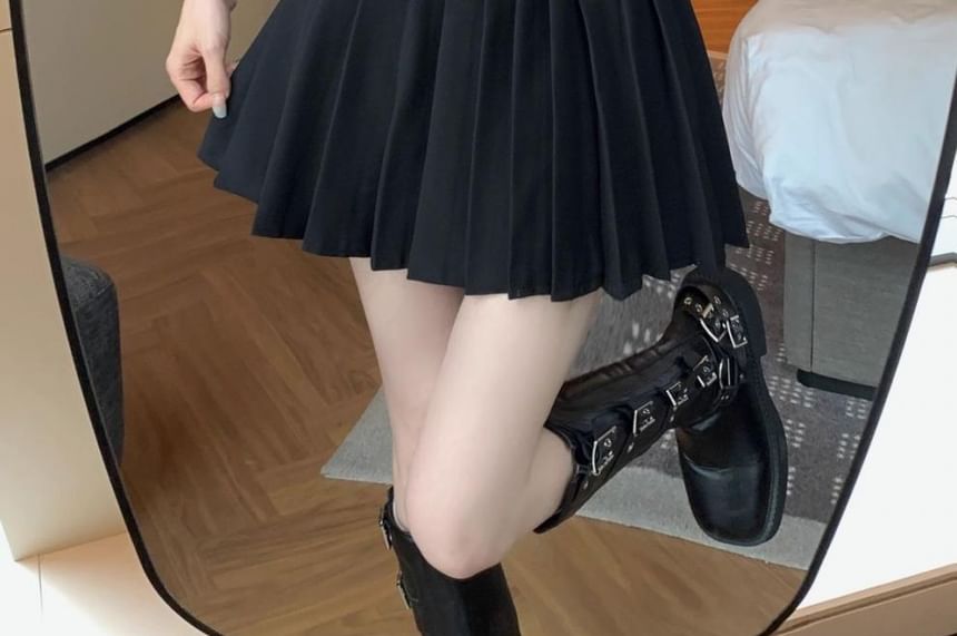 Skirt A-Line Pleated Mini Rise Belted Plain High