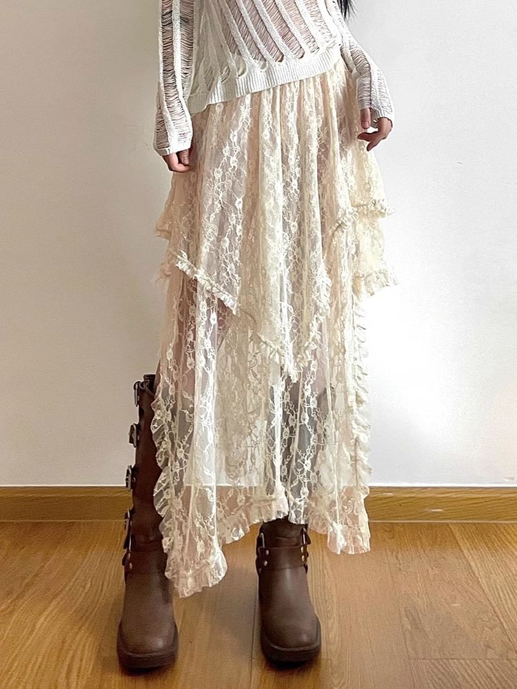 Plain Rise High Lace Skirt A-Line Midi