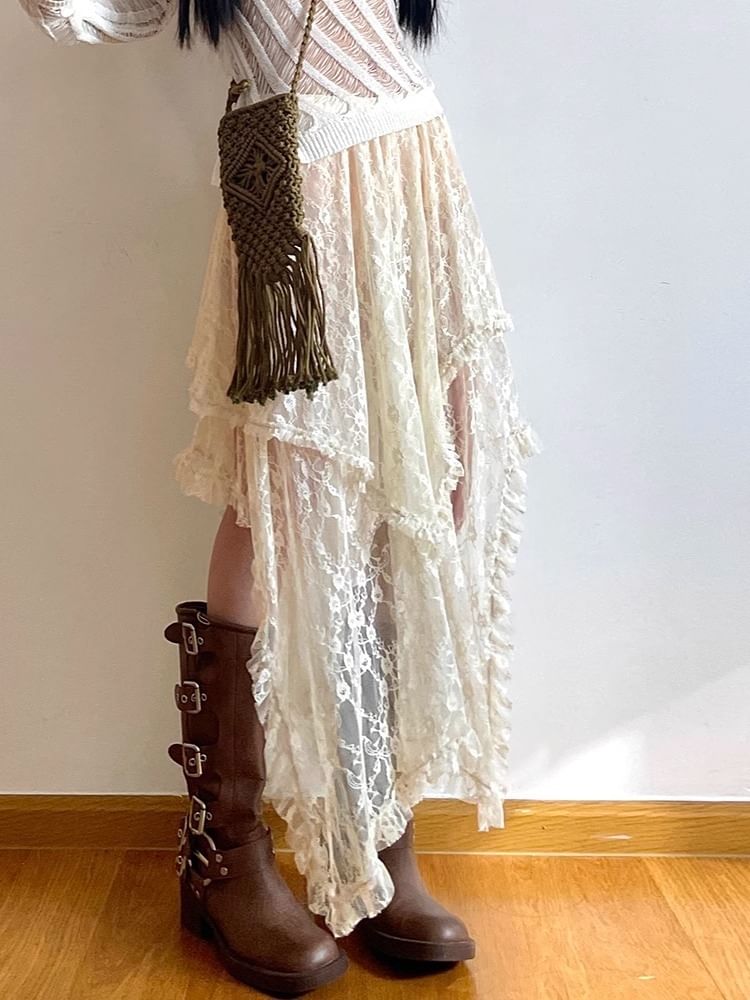 Plain Rise High Lace Skirt A-Line Midi