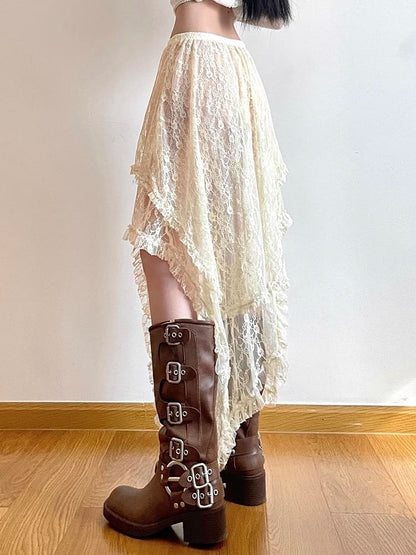 Plain Rise High Lace Skirt A-Line Midi