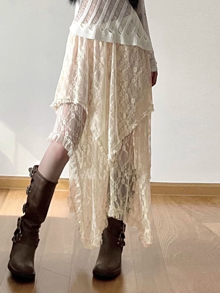 Plain Rise High Lace Skirt A-Line Midi