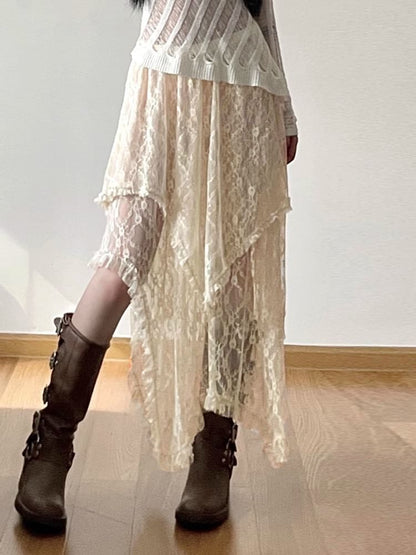 Plain Rise High Lace Skirt A-Line Midi