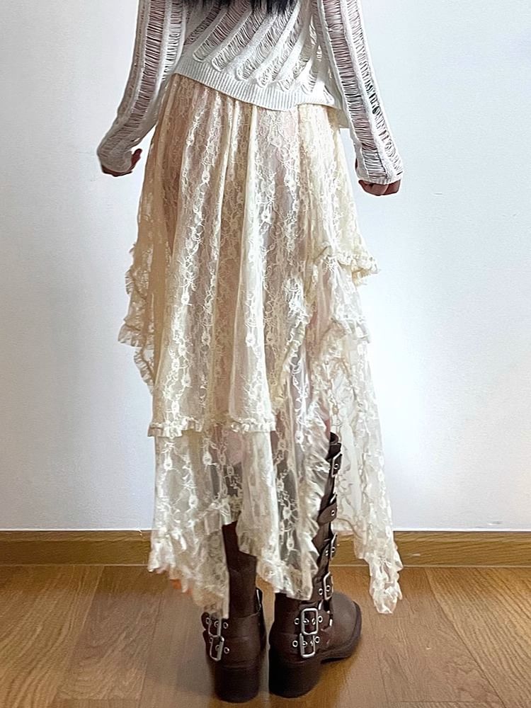 Plain Rise High Lace Skirt A-Line Midi