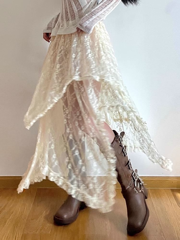 Plain Rise High Lace Skirt A-Line Midi