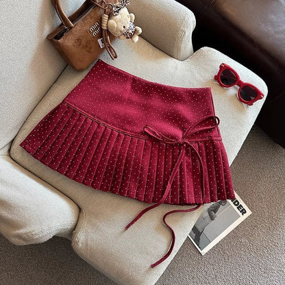 Pleated High Skirt A-Line Dotted Mini Rise