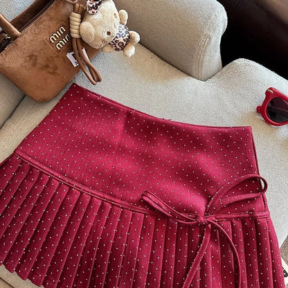 Pleated High Skirt A-Line Dotted Mini Rise