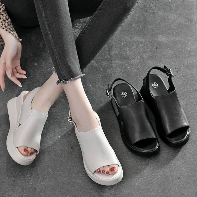 Sandals Plain Leather Wedge Heel Faux Slingback