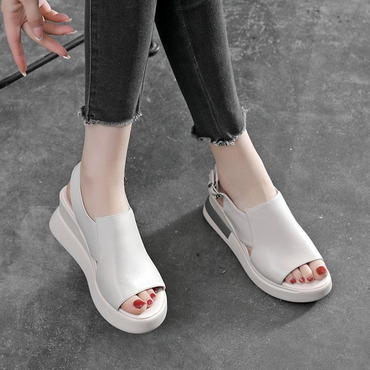 Sandals Plain Leather Wedge Heel Faux Slingback