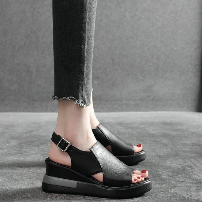 Sandals Plain Leather Wedge Heel Faux Slingback