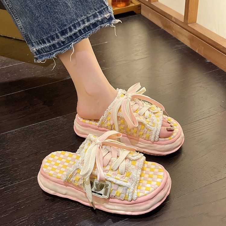 Sandals Checkerboard Sneakers Platform Frayed Lace-Up