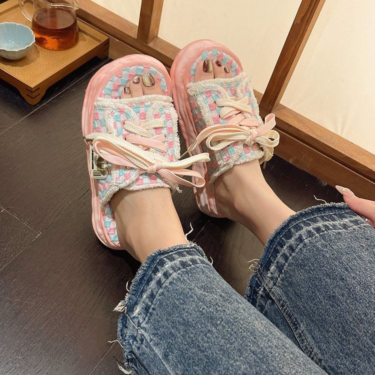 Sandals Checkerboard Sneakers Platform Frayed Lace-Up