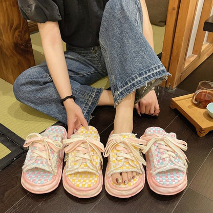 Sandals Checkerboard Sneakers Platform Frayed Lace-Up
