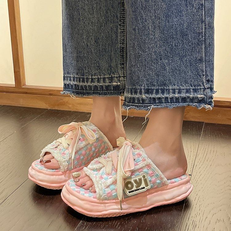 Sandals Checkerboard Sneakers Platform Frayed Lace-Up