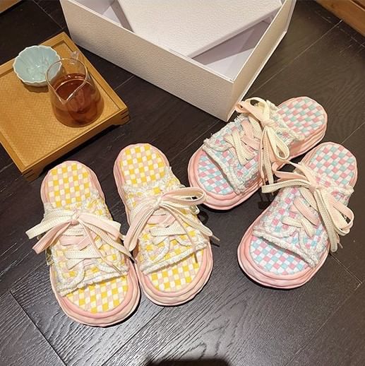 Sandals Checkerboard Sneakers Platform Frayed Lace-Up