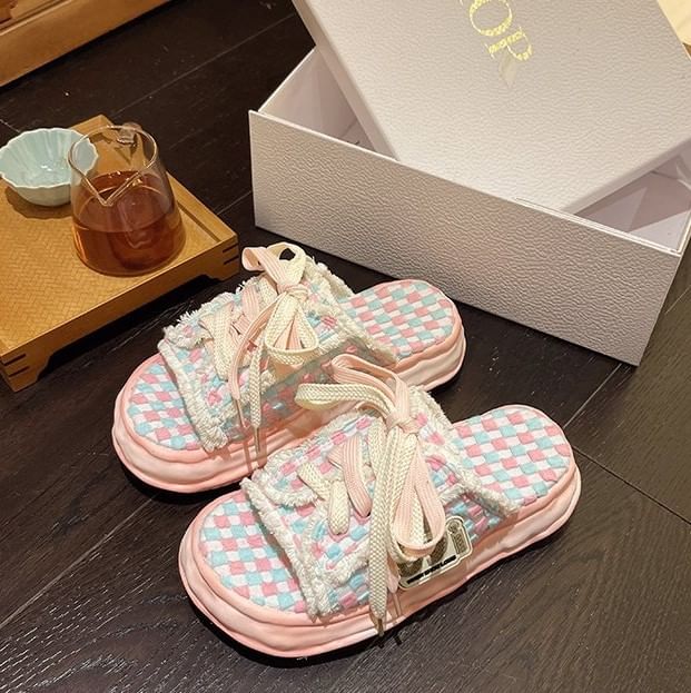 Sandals Checkerboard Sneakers Platform Frayed Lace-Up