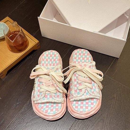 Sandals Checkerboard Sneakers Platform Frayed Lace-Up