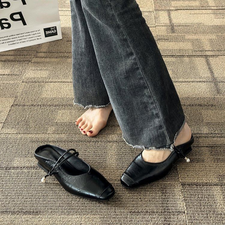 Faux Heel Plain Mules Mary Leather Jane Low