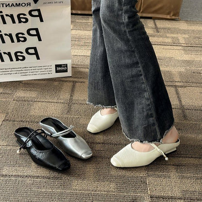 Faux Heel Plain Mules Mary Leather Jane Low