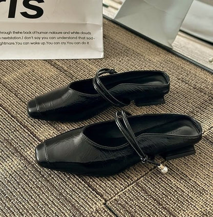 Faux Heel Plain Mules Mary Leather Jane Low
