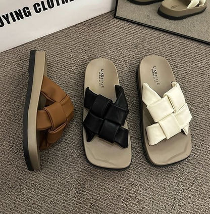 Faux Platform Leather Square Woven Toe Sandals