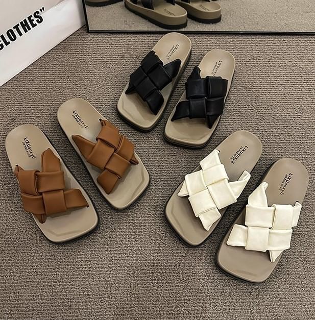 Faux Platform Leather Square Woven Toe Sandals