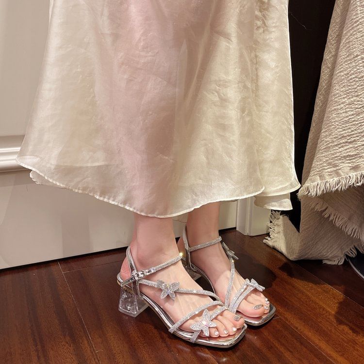 Ankle Chunky Butterfly Square Heel Strap Toe Rhinestone Sandals