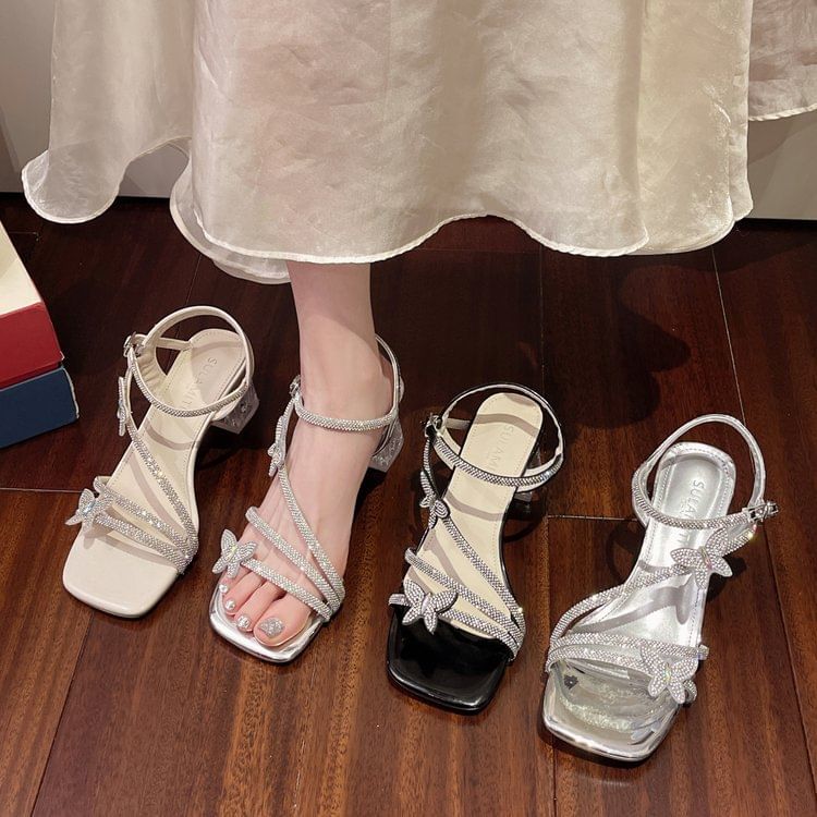 Ankle Chunky Butterfly Square Heel Strap Toe Rhinestone Sandals