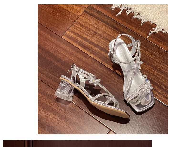Ankle Chunky Butterfly Square Heel Strap Toe Rhinestone Sandals