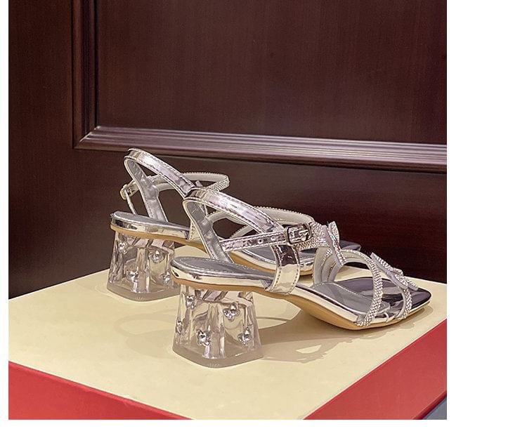 Ankle Chunky Butterfly Square Heel Strap Toe Rhinestone Sandals