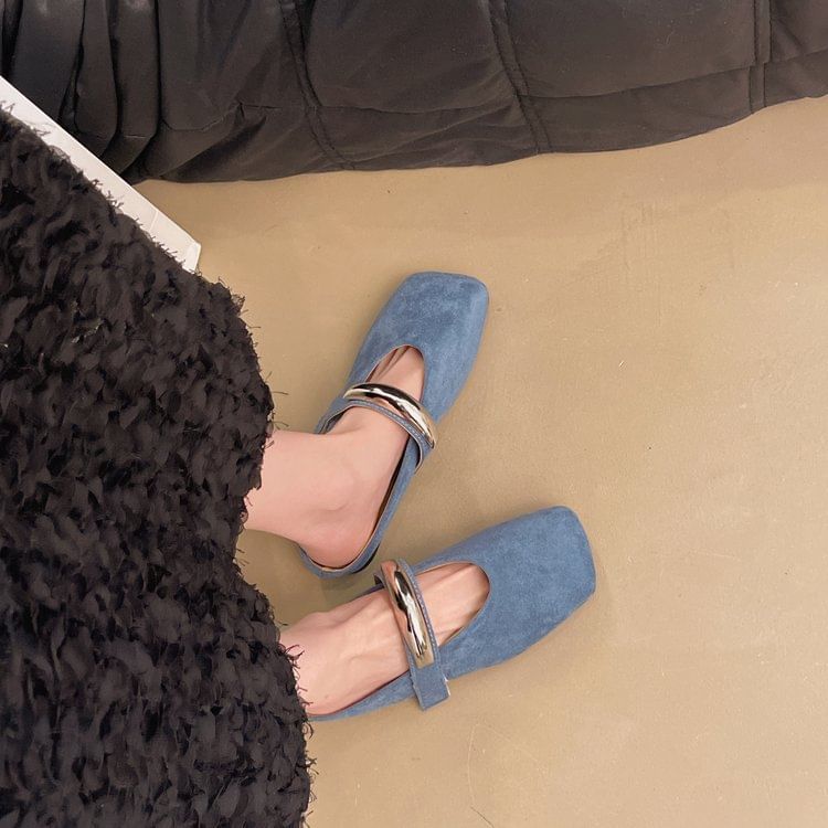 Metal Toe Mules Accent Square Faux Mary Suede Jane