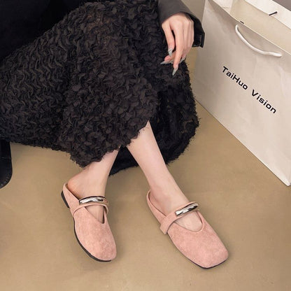 Metal Toe Mules Accent Square Faux Mary Suede Jane