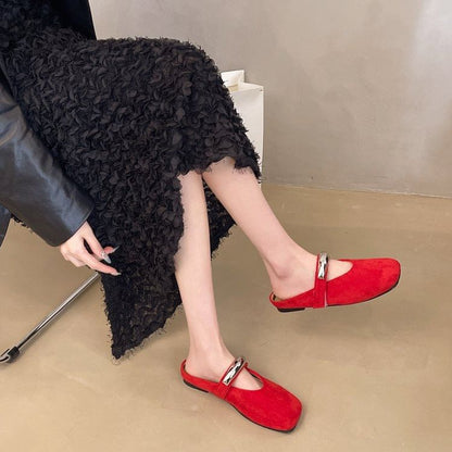 Metal Toe Mules Accent Square Faux Mary Suede Jane