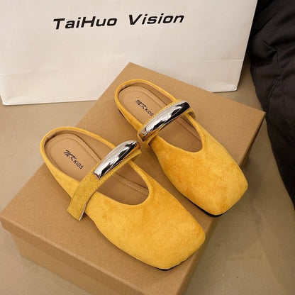 Metal Toe Mules Accent Square Faux Mary Suede Jane