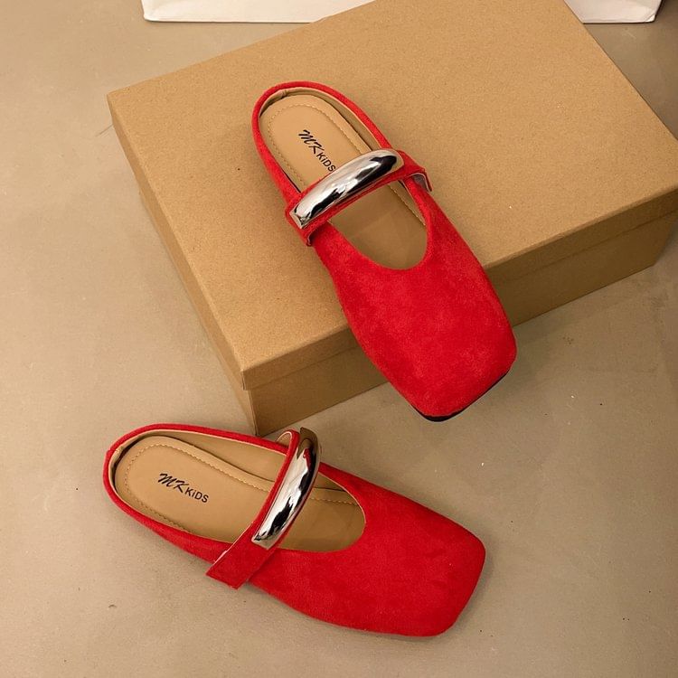 Metal Toe Mules Accent Square Faux Mary Suede Jane