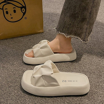 Sandals Leather Faux Plain Ruched Slide Platform