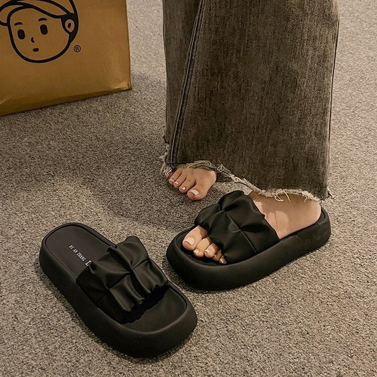 Sandals Leather Faux Plain Ruched Slide Platform